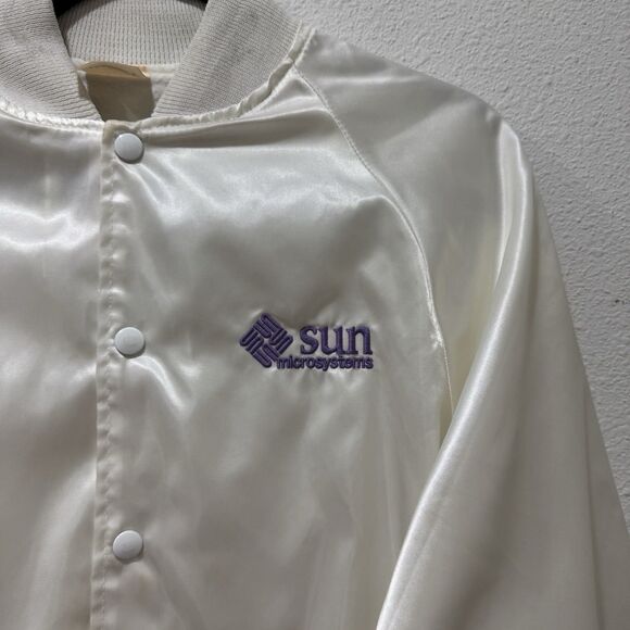 Vintage Sun Microsystems Oracle Satin Bomber Jacket Mens L Made In USA White - Picture 1 of 8